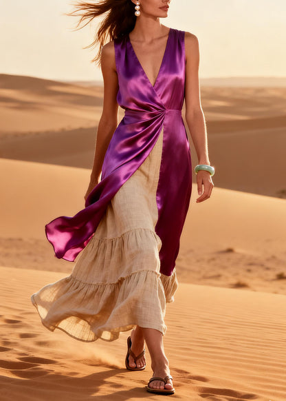 Chic Purple Side Open Patchwork Linen Silk Ankle Dress Summer