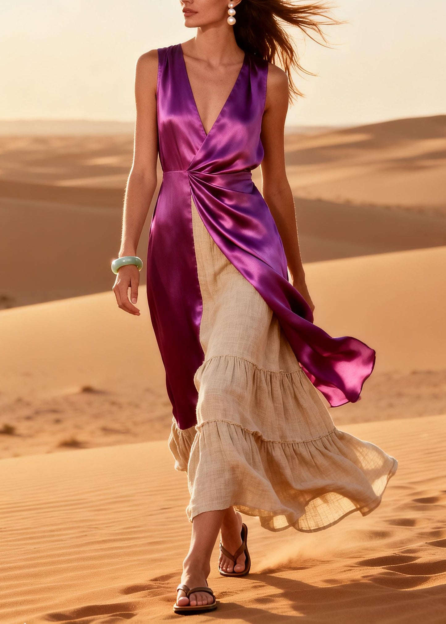 Chic Purple Side Open Patchwork Linen Silk Ankle Dress Summer