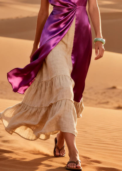 Chic Purple Side Open Patchwork Linen Silk Ankle Dress Summer