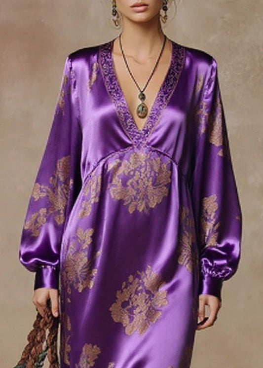 Chic Purple Tasseled Print High Waist Silk Dresses Spring
