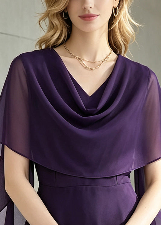 Chic Purple Turtle Neck Chiffon Top Butterfly Sleeve