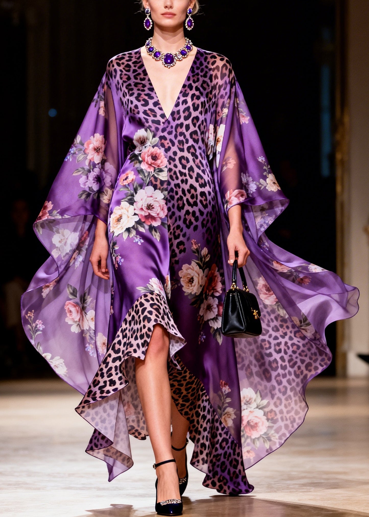 Chic Purple V Neck Asymmetrical Design Print Silk Robe Dresses Summer