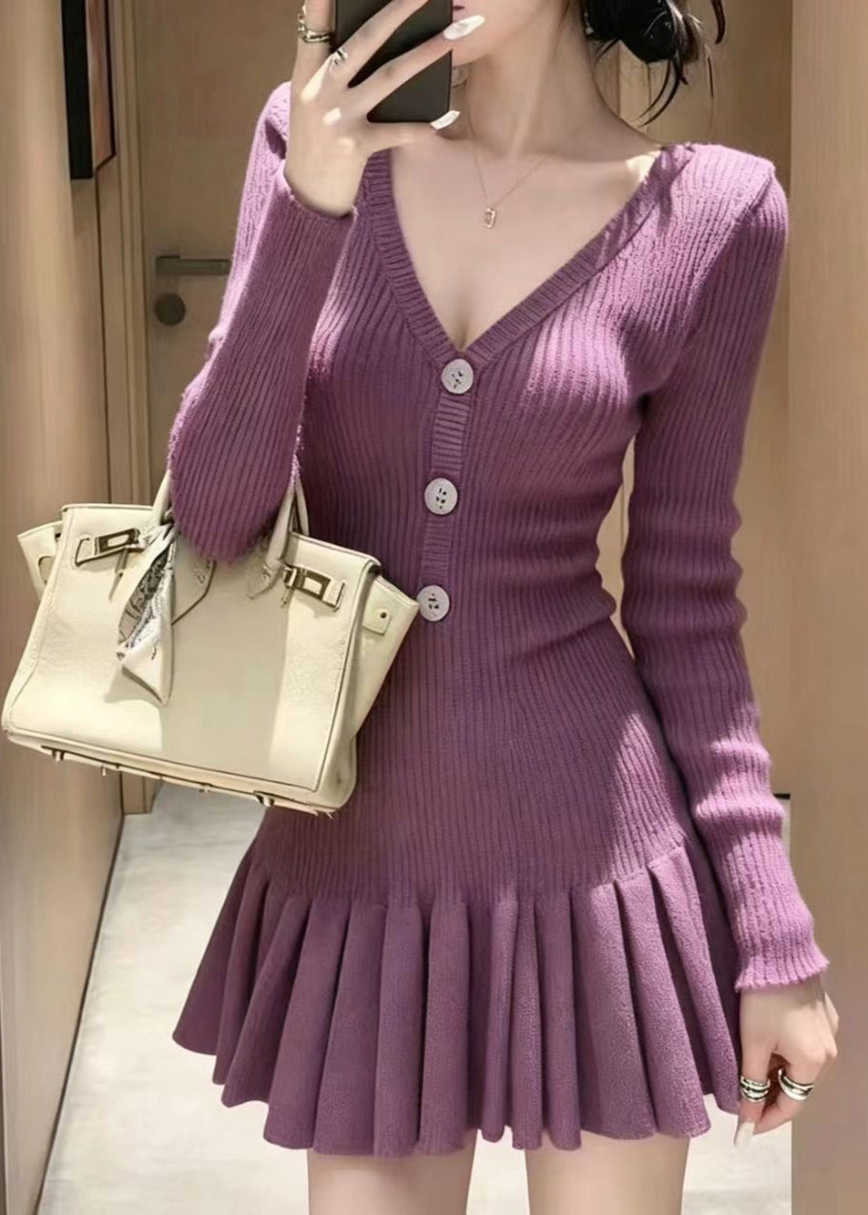Chic Purple V Neck Button Knit Pleated Mini Dress Fall