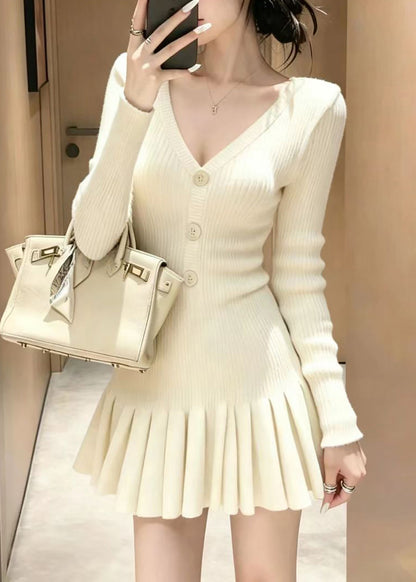 Chic Purple V Neck Button Knit Pleated Mini Dress Fall
