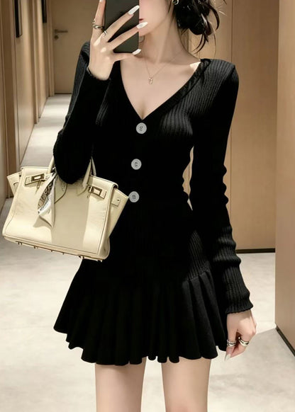 Chic Purple V Neck Button Knit Pleated Mini Dress Fall