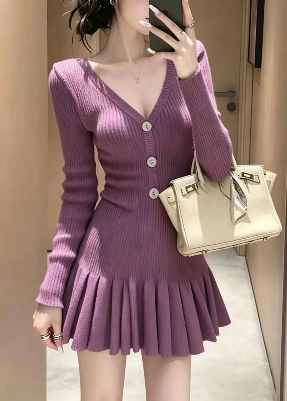 Chic Purple V Neck Button Knit Pleated Mini Dress Fall