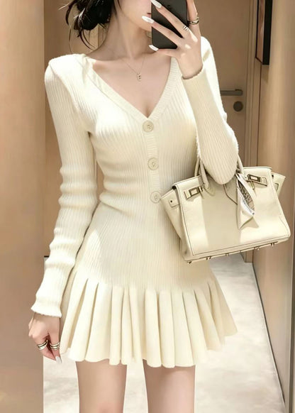 Chic Purple V Neck Button Knit Pleated Mini Dress Fall
