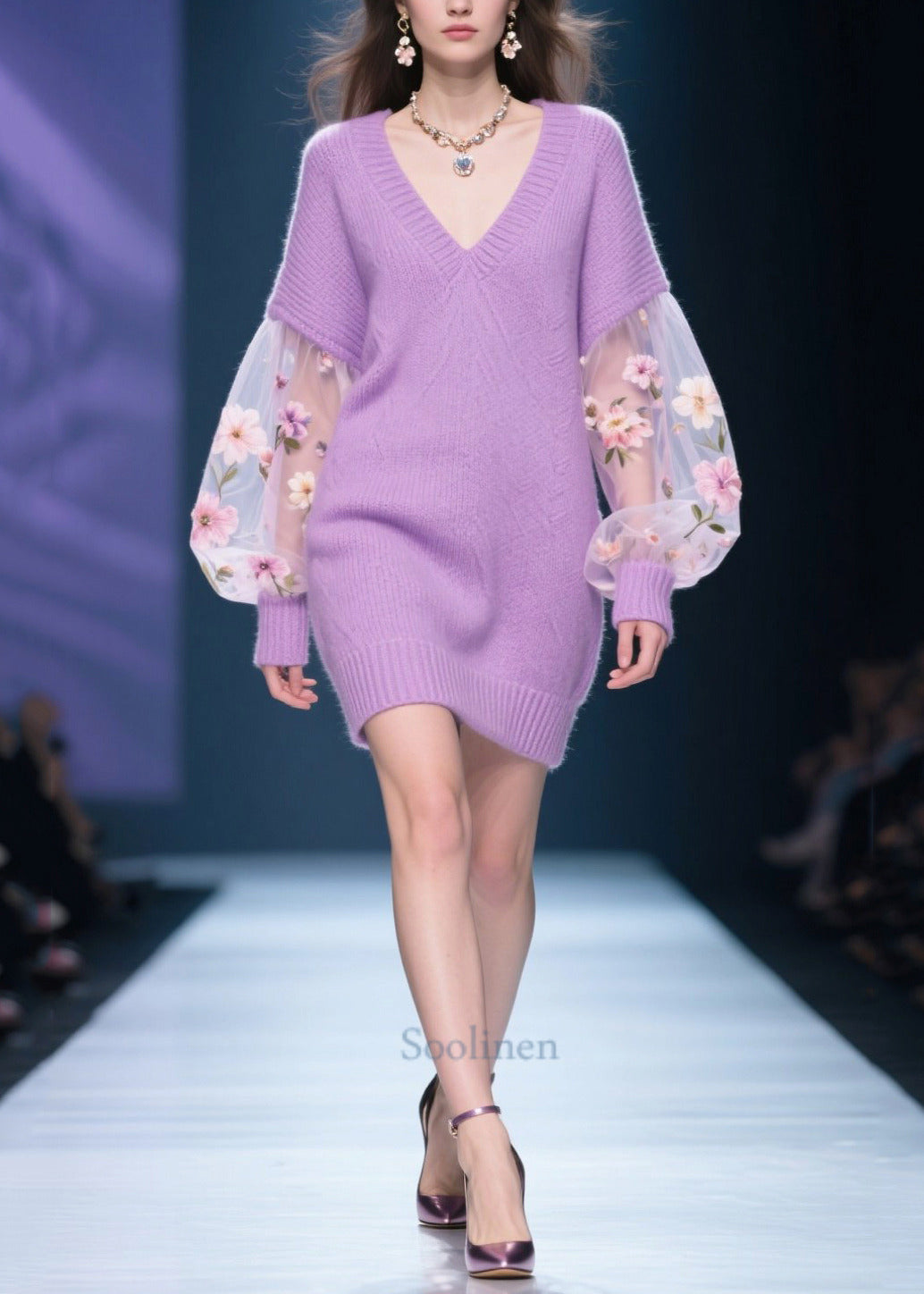 Chic Purple V Neck Patchwork Tulle Knit Sweater Dress Winter