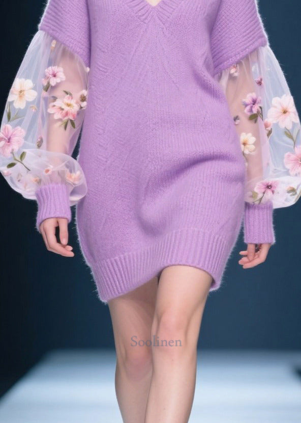 Chic Purple V Neck Patchwork Tulle Knit Sweater Dress Winter