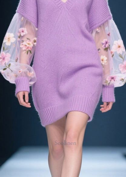 Chic Purple V Neck Patchwork Tulle Knit Sweater Dress Winter