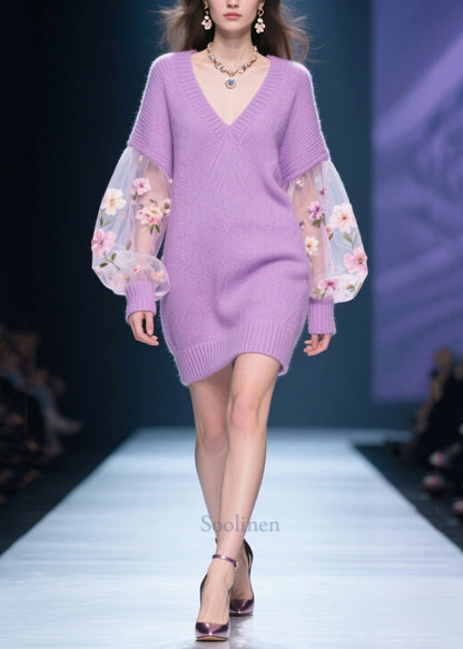 Chic Purple V Neck Patchwork Tulle Knit Sweater Dress Winter