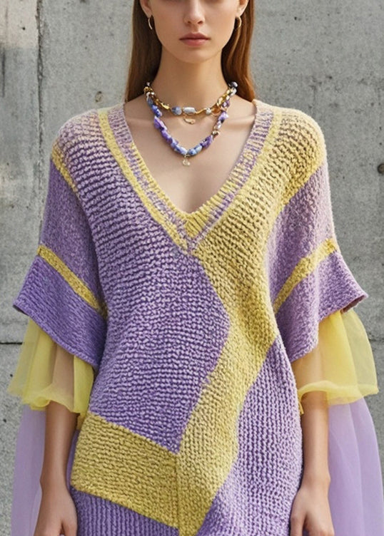 Chic Purple V Neck Patchwork Tulle Sweater Dress Fall