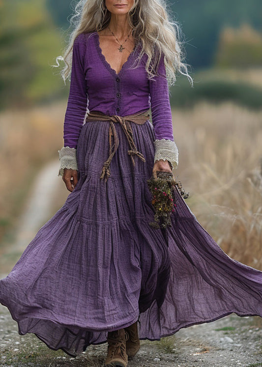 Chic Purple V Neck Wrinkled Patchwork Cotton Robe Dresses Spring