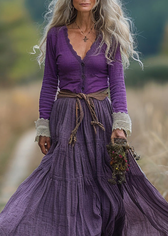 Chic Purple V Neck Wrinkled Patchwork Cotton Robe Dresses Spring