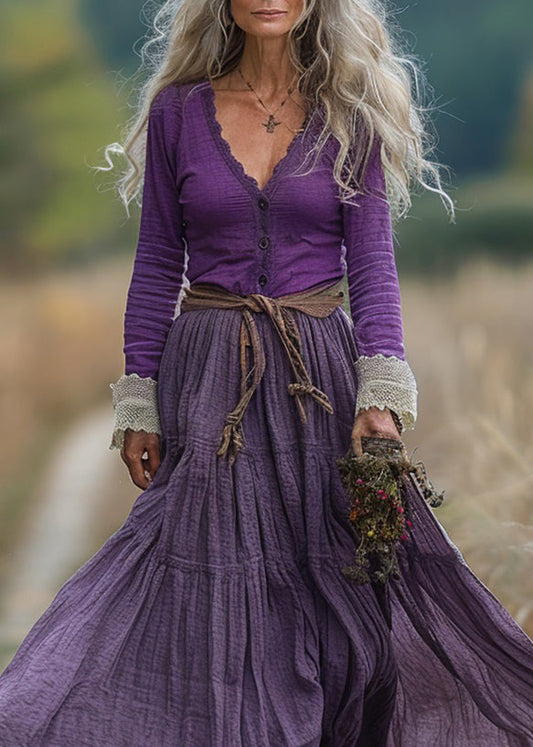 Chic Purple V Neck Wrinkled Patchwork Cotton Robe Dresses Spring