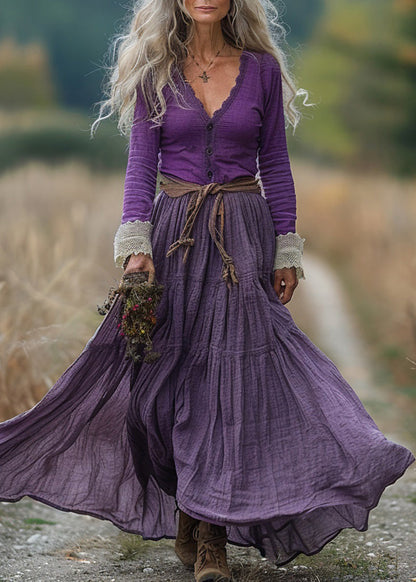 Chic Purple V Neck Wrinkled Patchwork Cotton Robe Dresses Spring