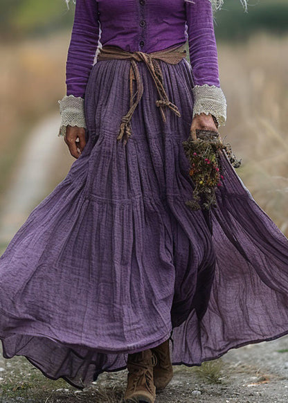 Chic Purple V Neck Wrinkled Patchwork Cotton Robe Dresses Spring