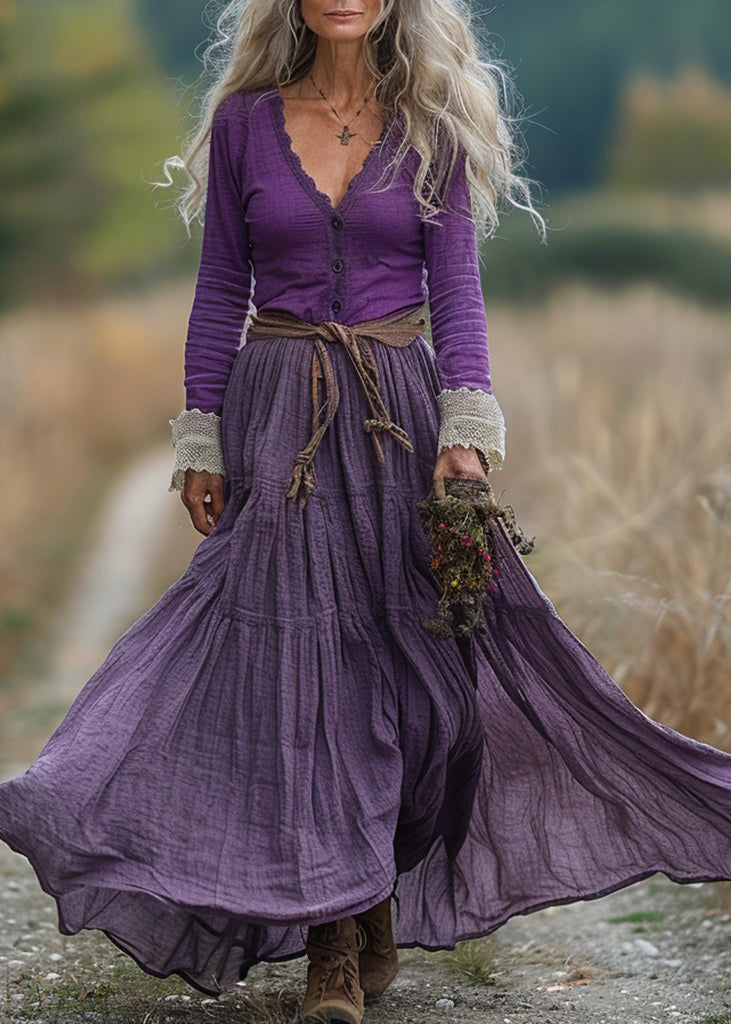 Chic Purple V Neck Wrinkled Patchwork Cotton Robe Dresses Spring