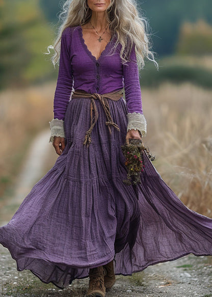 Chic Purple V Neck Wrinkled Patchwork Cotton Robe Dresses Spring