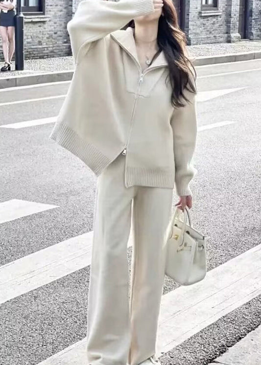 Chic Purple Zip Up Sweaters And Pants Knit Two Pieces Set Spring