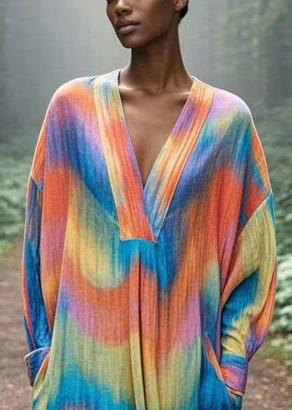 Chic Rainbow Oversized Tie Dye Cotton Robe Dresses Spring