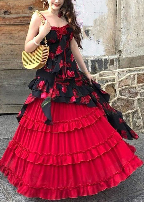 Chic Red Asymmetrical Floral Top And A Line Skirts Two-Piece Set Summer