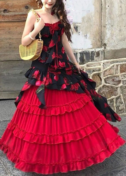 Chic Red Asymmetrical Floral Top And A Line Skirts Two-Piece Set Summer
