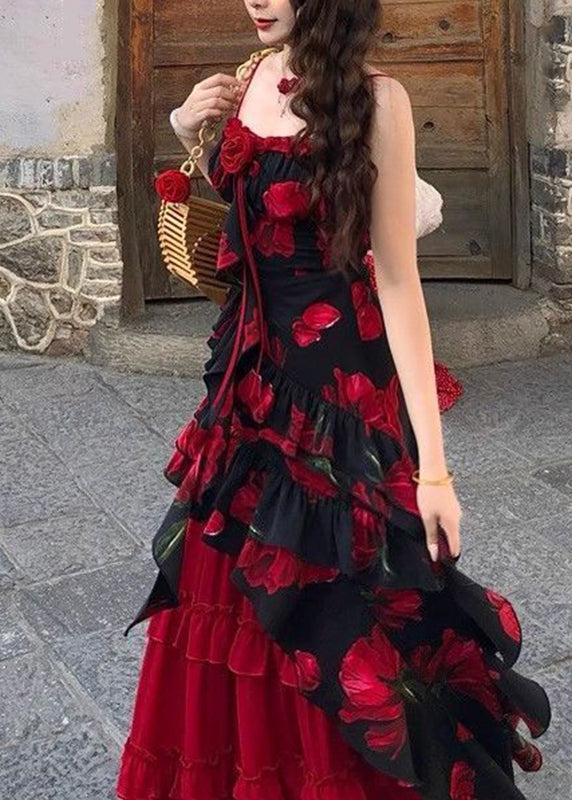 Chic Red Asymmetrical Floral Top And A Line Skirts Two-Piece Set Summer