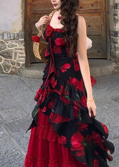 Chic Red Asymmetrical Floral Top And A Line Skirts Two-Piece Set Summer