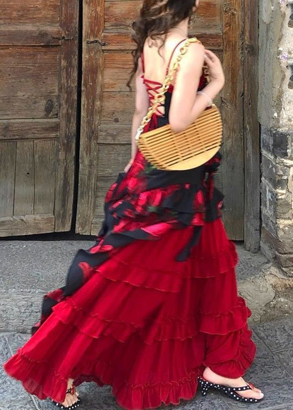 Chic Red Asymmetrical Floral Top And A Line Skirts Two-Piece Set Summer
