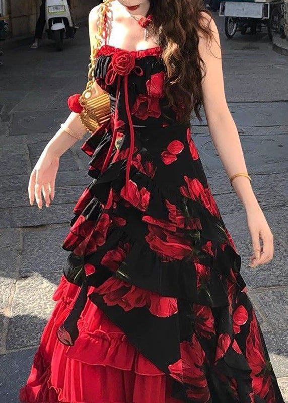 Chic Red Asymmetrical Floral Top And A Line Skirts Two-Piece Set Summer