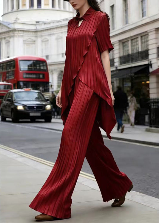 Chic Red Asymmetrical Top And Pants Silk Two Pieces Set Summer