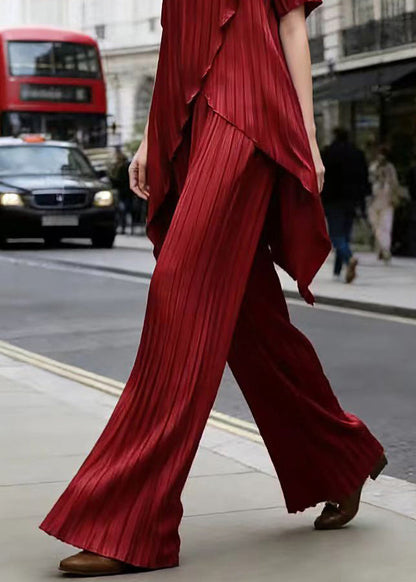 Chic Red Asymmetrical Top And Pants Silk Two Pieces Set Summer