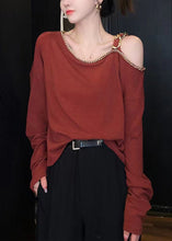Load image into Gallery viewer, Chic Red Cold Shoulder Chain Linked Cotton Top Long Sleeve