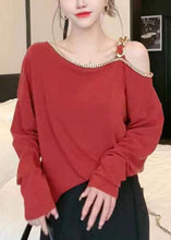 Load image into Gallery viewer, Chic Red Cold Shoulder Chain Linked Cotton Top Long Sleeve