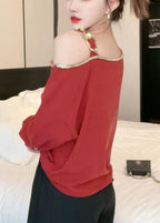 Chic Red Cold Shoulder Chain Linked Cotton Top Long Sleeve
