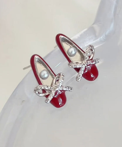 Chic Red Copper Alloy Bow Pearl Ballet Shoes Stud Earrings