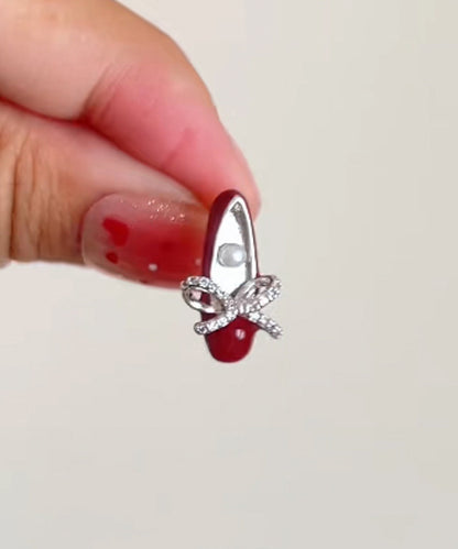 Chic Red Copper Alloy Bow Pearl Ballet Shoes Stud Earrings