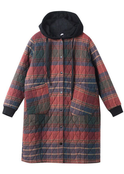 Chic Red Hooded Plaid drawstring Cotton Parkas Winter