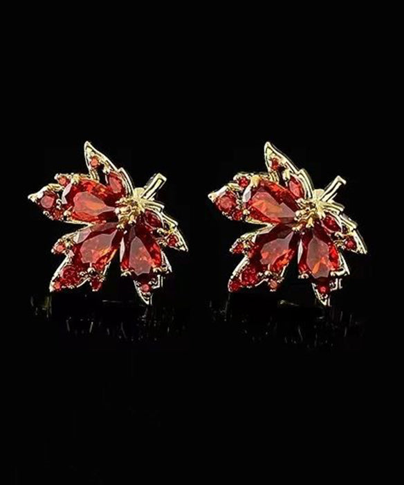 Chic Red Leaf Crystal Gilded Stud Earrings