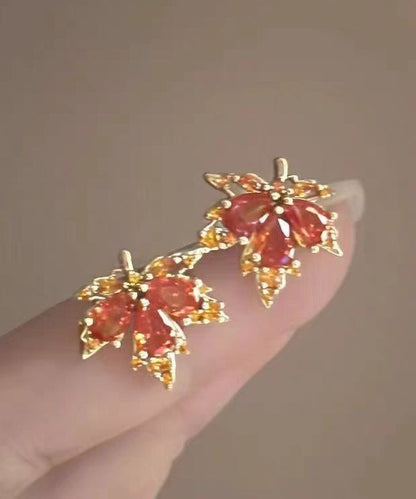 Chic Red Leaf Crystal Gilded Stud Earrings