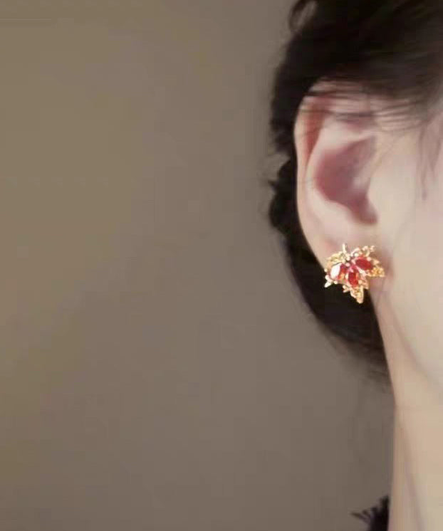 Chic Red Leaf Crystal Gilded Stud Earrings