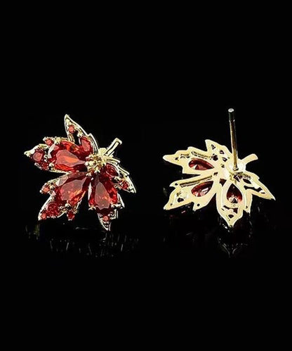 Chic Red Leaf Crystal Gilded Stud Earrings