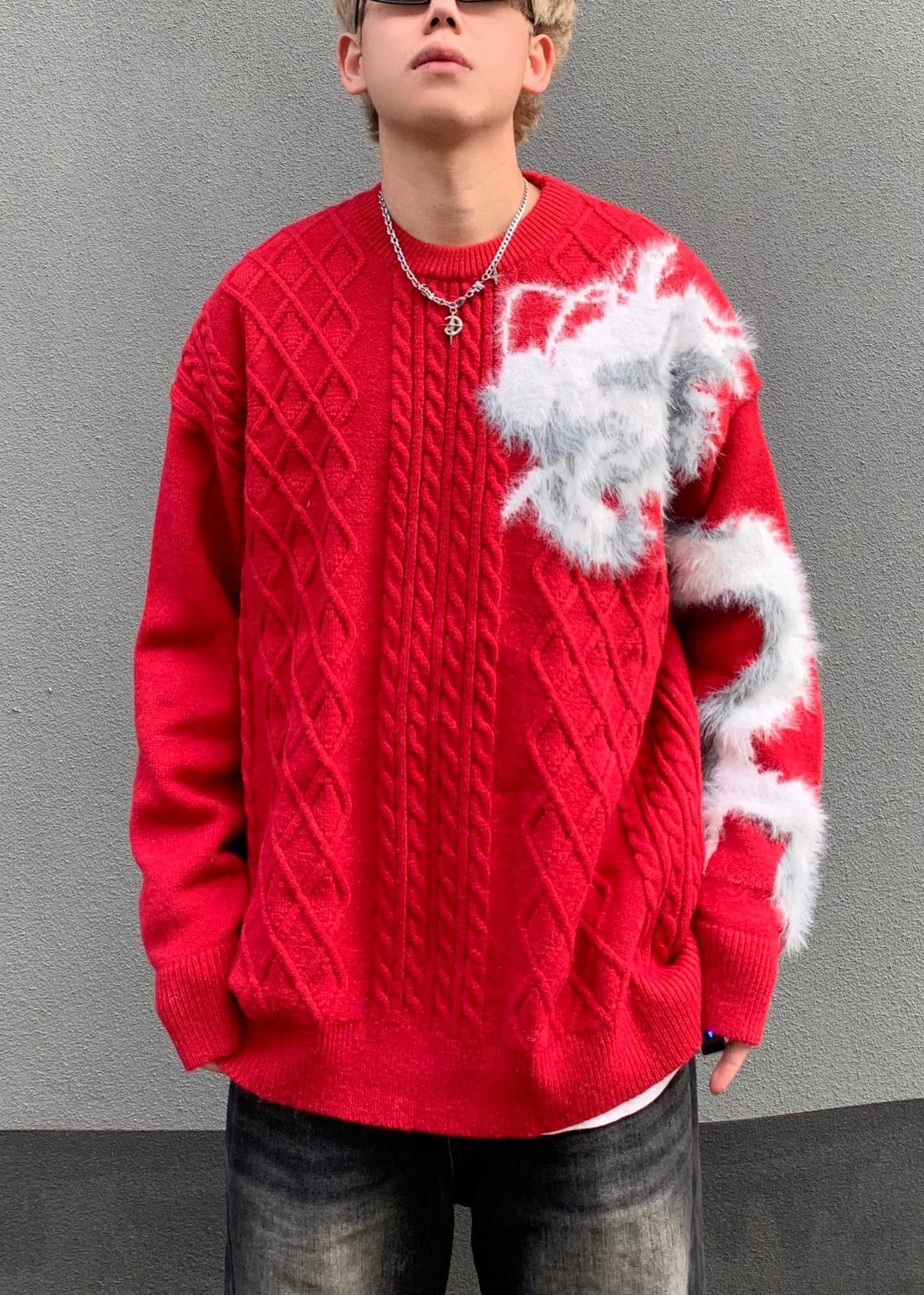 Chic Red O Neck Cozy Patchwork Knit Mens Sweaters Spring