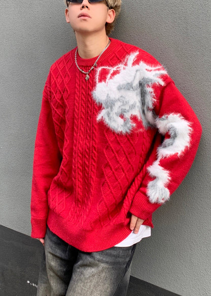 Chic Red O Neck Cozy Patchwork Knit Mens Sweaters Spring