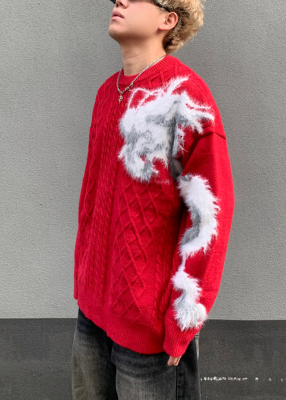 Chic Red O Neck Cozy Patchwork Knit Mens Sweaters Spring