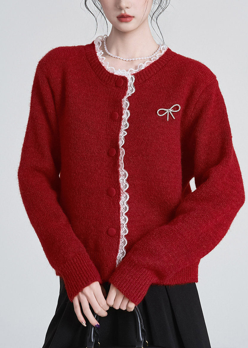Chic Red O-Neck Lace Patchwork Cotton Knit Cardigan Fall