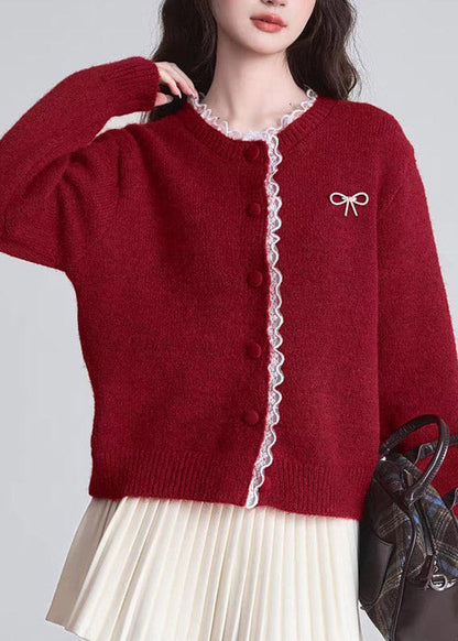 Chic Red O-Neck Lace Patchwork Cotton Knit Cardigan Fall