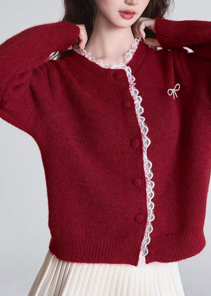 Chic Red O-Neck Lace Patchwork Cotton Knit Cardigan Fall