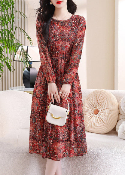 Chic Red O-Neck Print Maxi Dress Three Quarter Sleeve